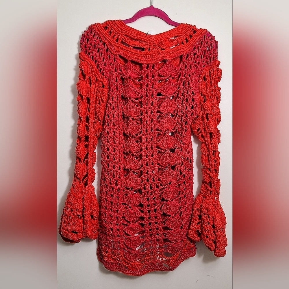 NWT Boho Embossed Crochet Assymetrical Cover-Up/Tunic With Bell Bottom Sleeves - Picture 3 of 8
